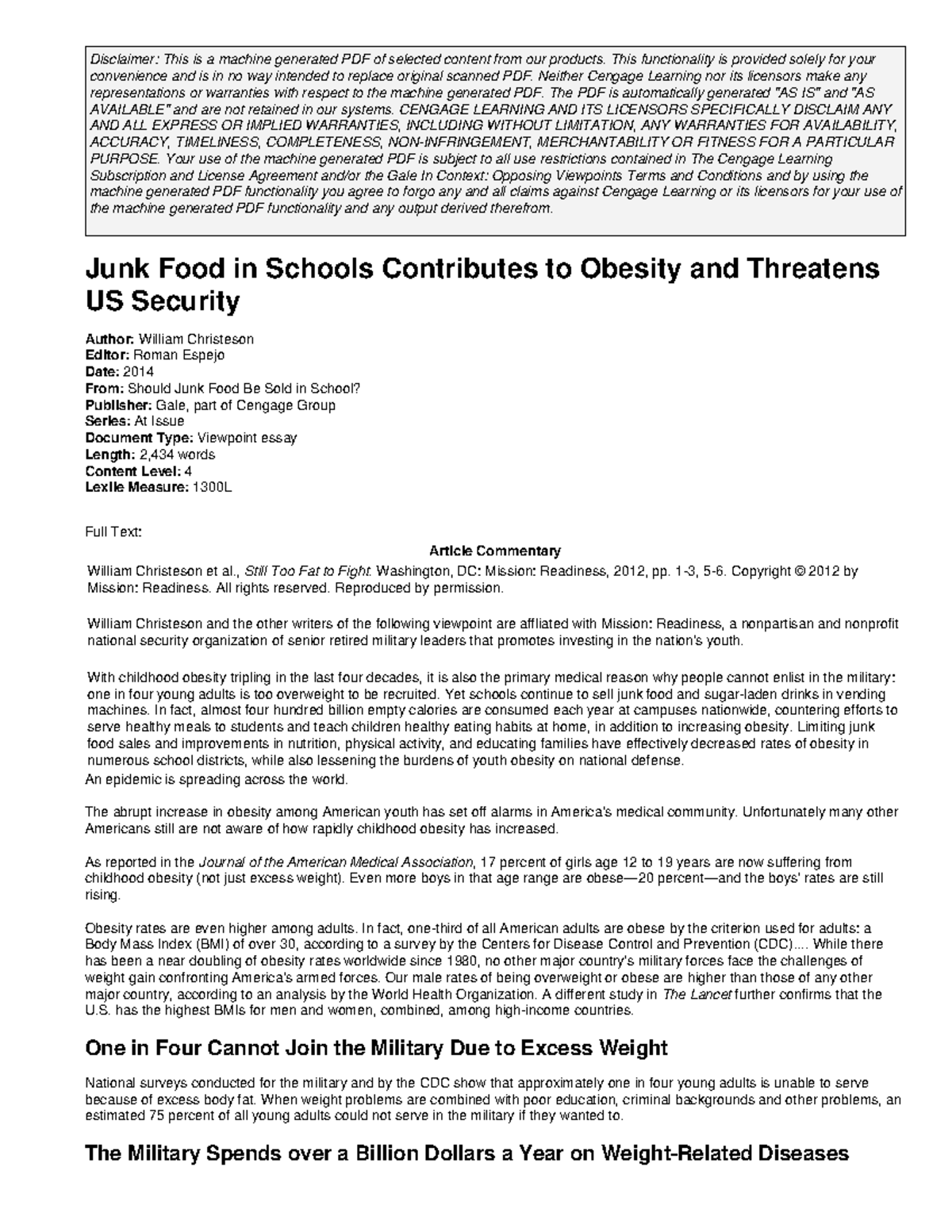 Junk Food in Schools: Impact on Obesity and National Security (CENGAGE ...