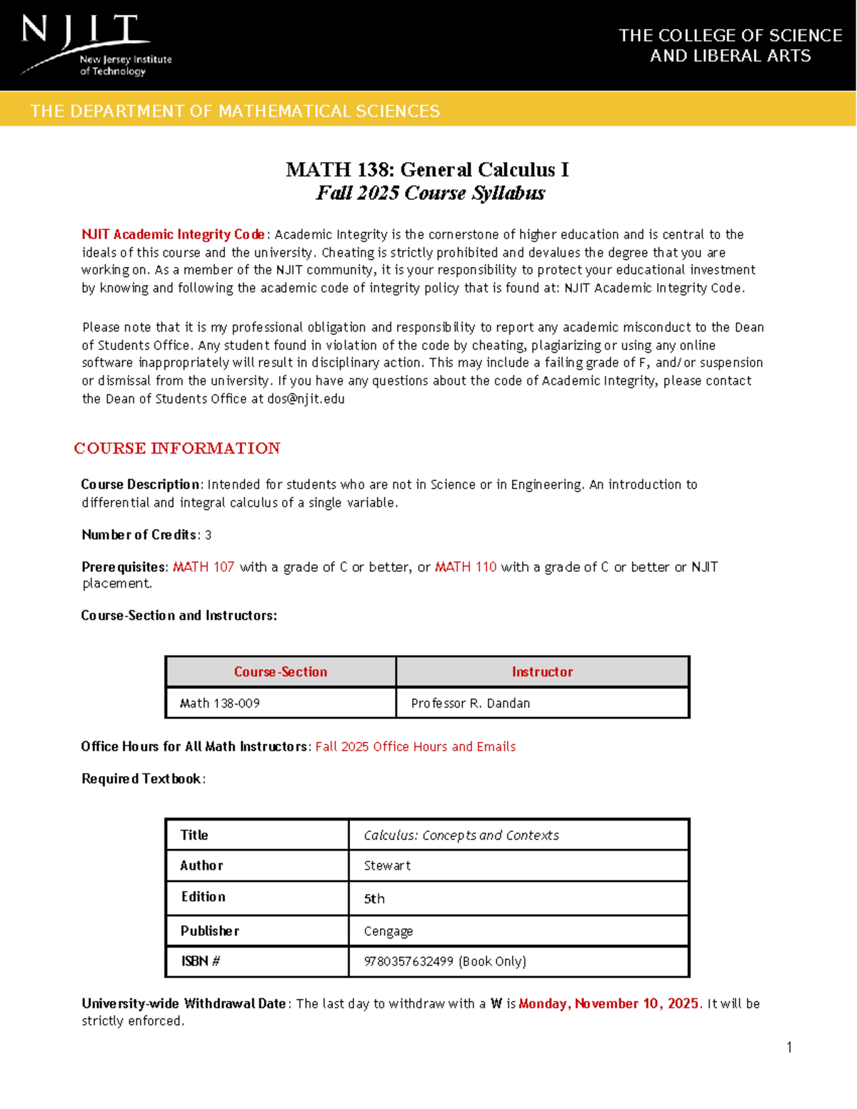 Math 138: General Calculus I Syllabus - Fall 2025 - Studocu