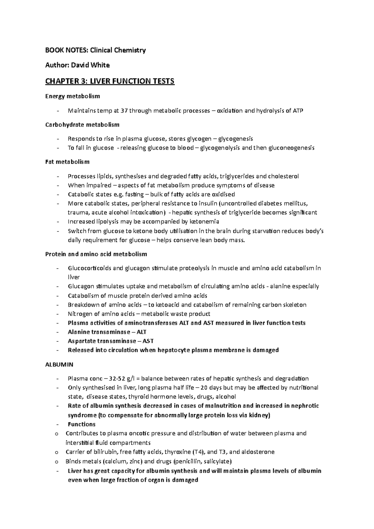 Biochem 101: Liver Function Tests - Comprehensive Book Notes - Studocu