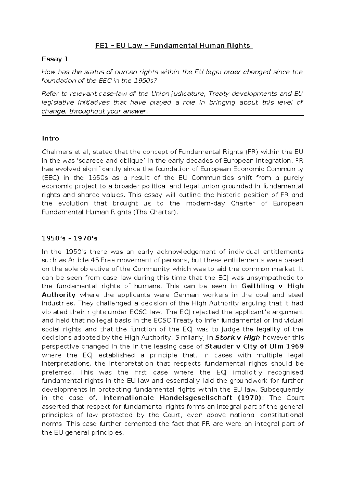 FE1 EU Law: Evolution of Fundamental Rights Since the EEC - Studocu