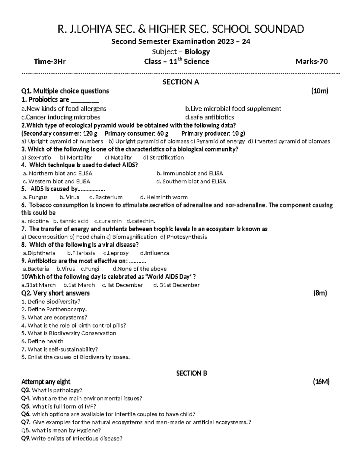 2nd Sem Biology Class 11 Final Exam Questions & Answers 2023-24 - Studocu