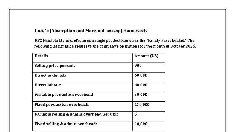 Unit 1: KFC Namibia Ltd - Marginal & Absorption Costing Homework - Studocu