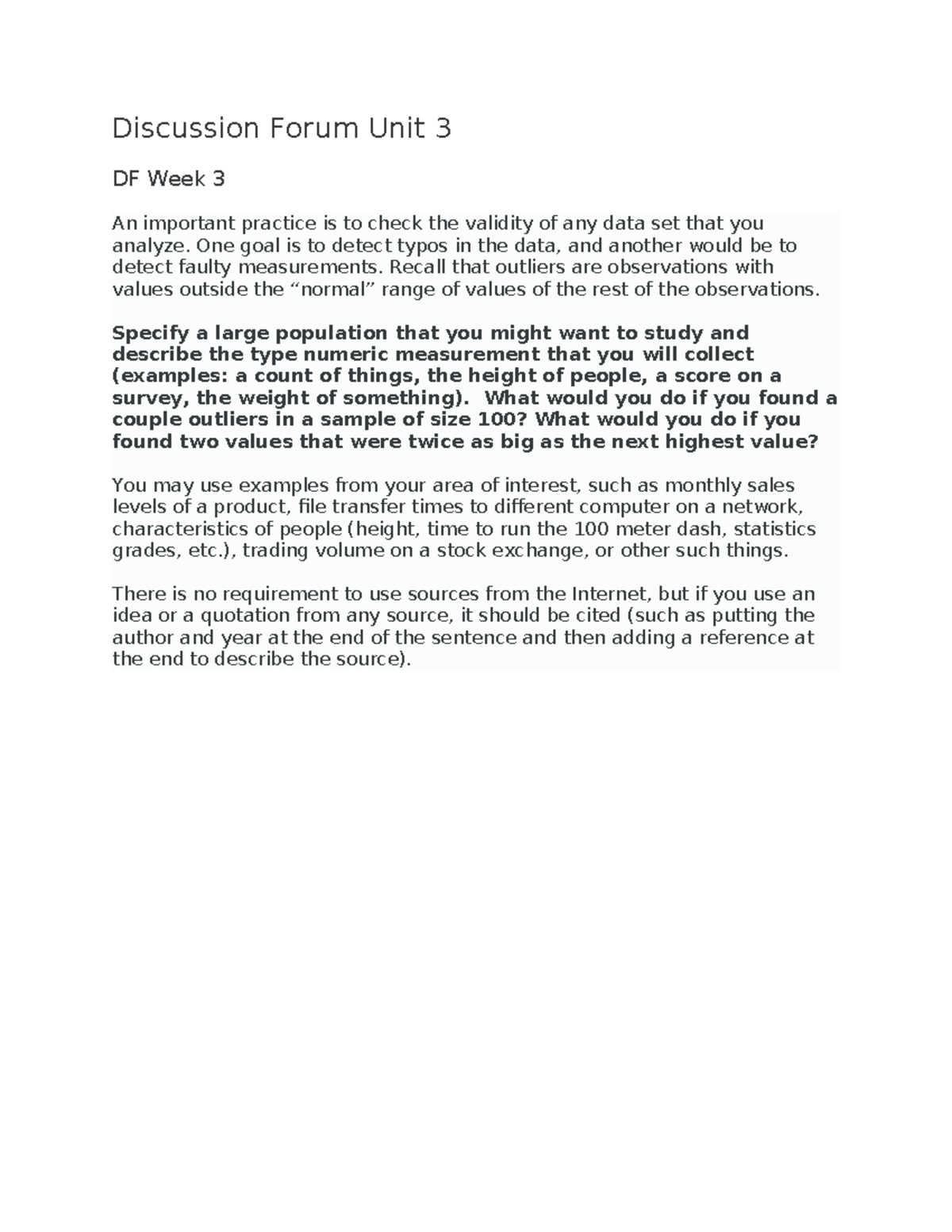 Discussion Forum Unit 3: Analyzing Data Validity & Outliers - Studocu
