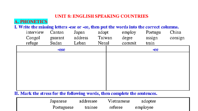 UNIT 8: ENGLISH SPEAKING COUNTRIES - PHONETICS & VOCABULARY EXERCISES ...