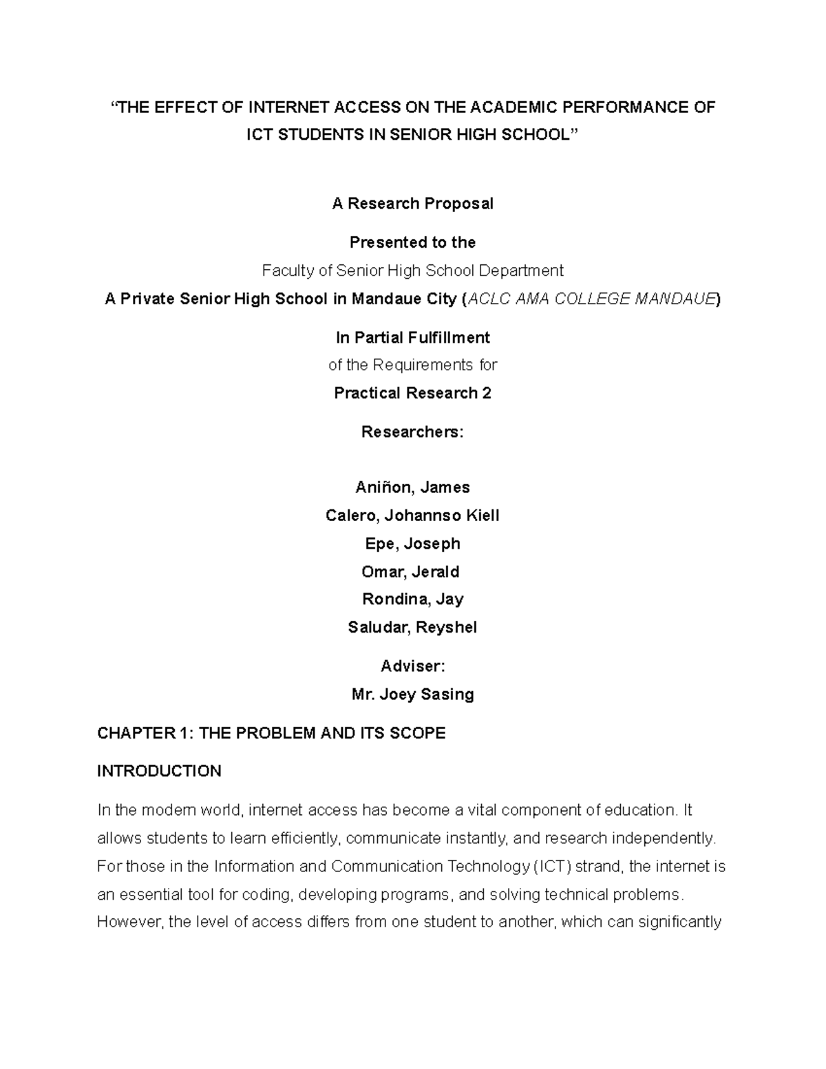 EFFECT OF INTERNET ACCESS ON ACADEMIC PERFORMANCE OF ICT STUDENTS (PRAC ...