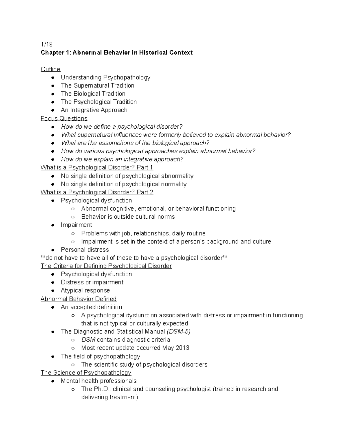 Chapter 1 Class Notes - 1/ Chapter 1: Abnormal Behavior in Historical ...