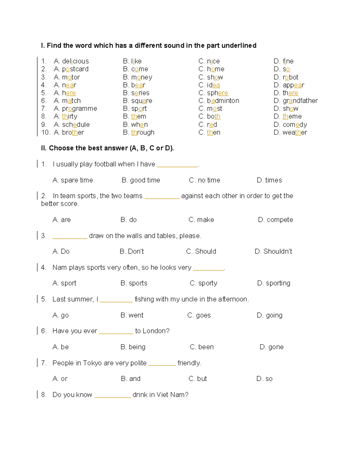 English Language Quiz: Sound Differences & Grammar (Course Code: 444 ...
