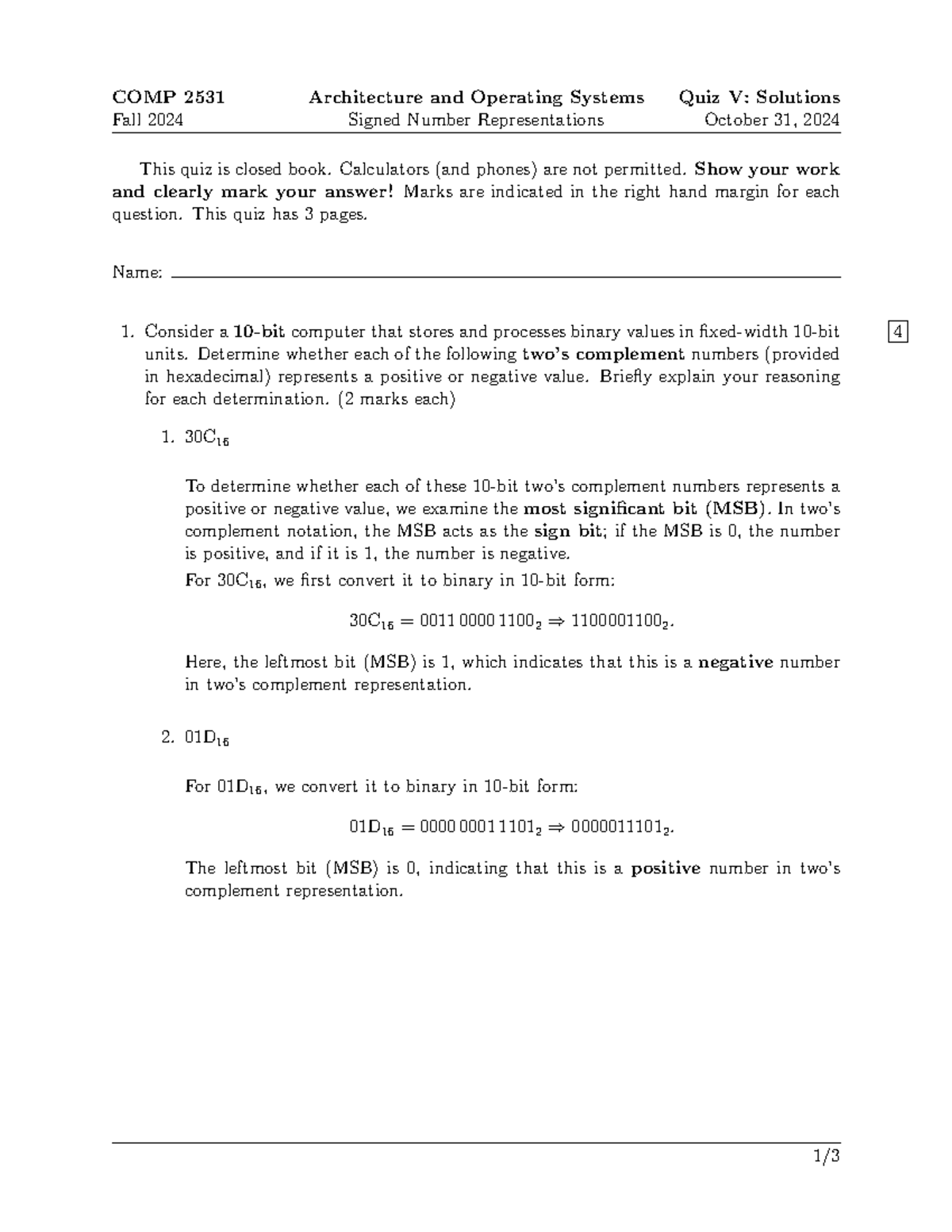 COMP 2531 Fall 2024 Architecture and Operating Systems Quiz V Solutions ...