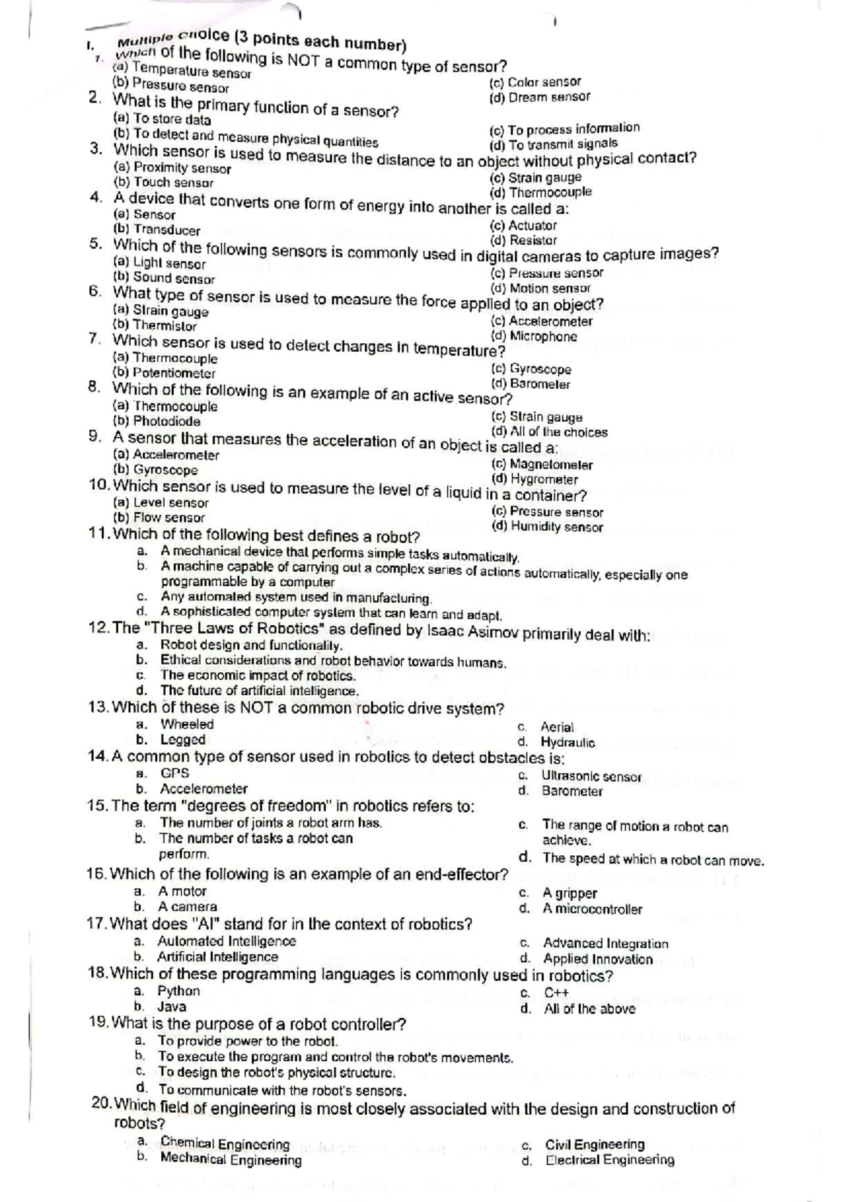 Electives-3-Quiz: Sensors and Actuators in Robotics - Studocu