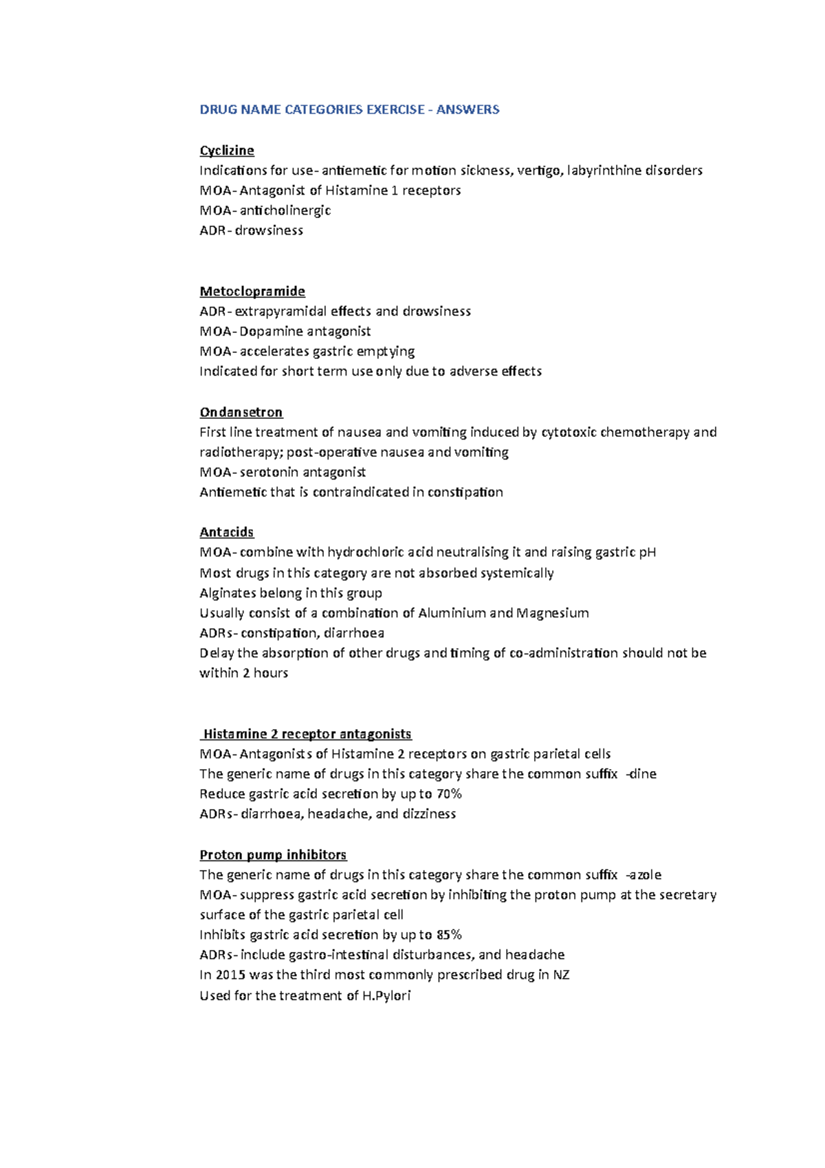 Upper GI Medication Summaries: Drug Categories & MOA - Studocu