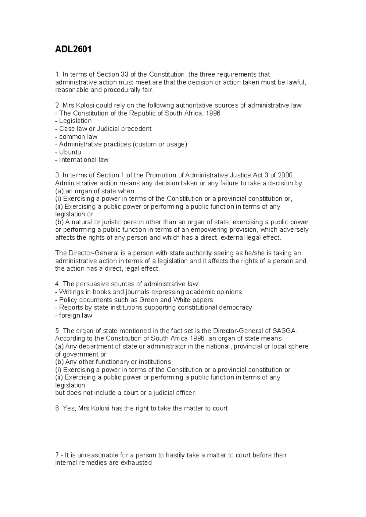ADL2601 - Administrative Law: Key Concepts and Case Analysis - Studocu