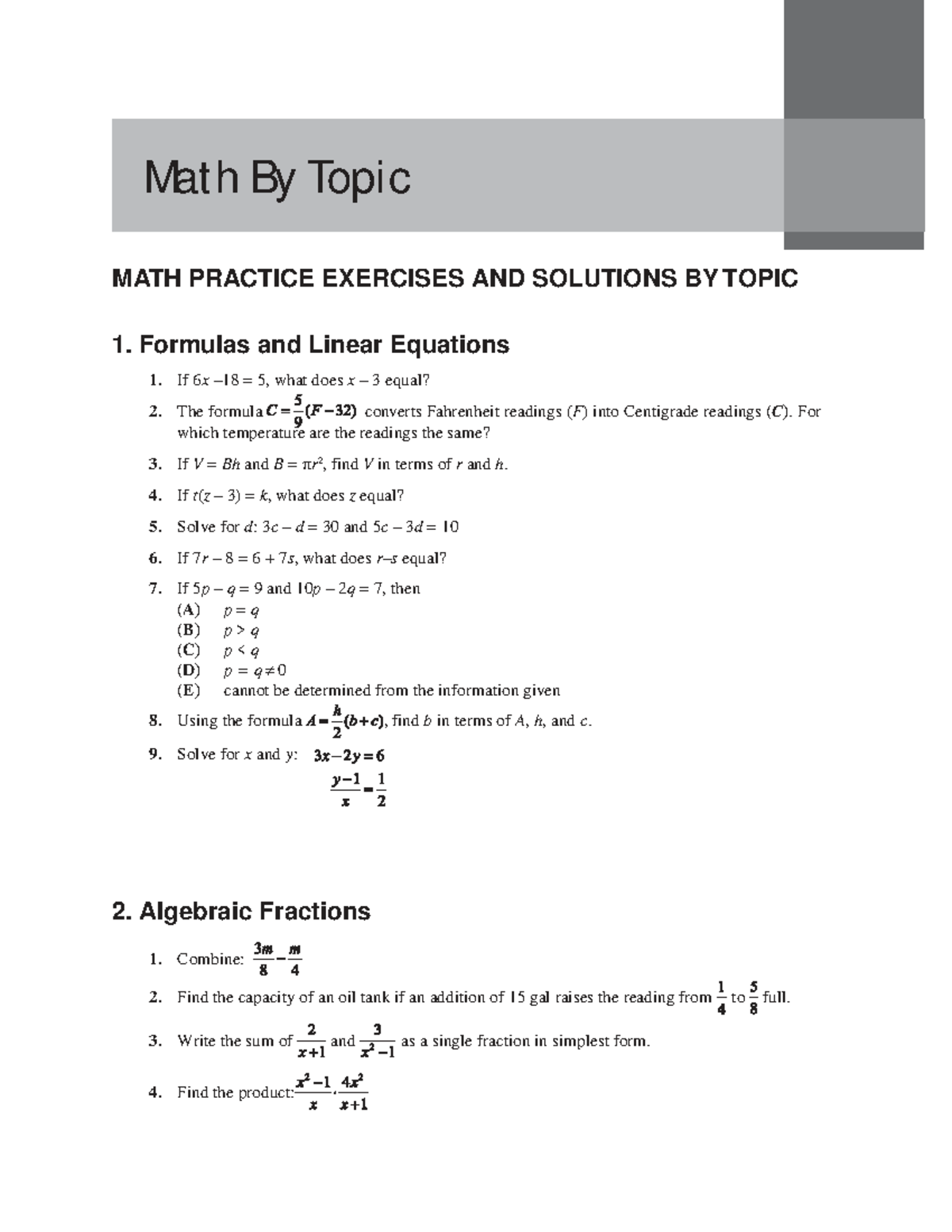 Math Diagnostic Practice Exercises and Solutions by Topic - Studocu