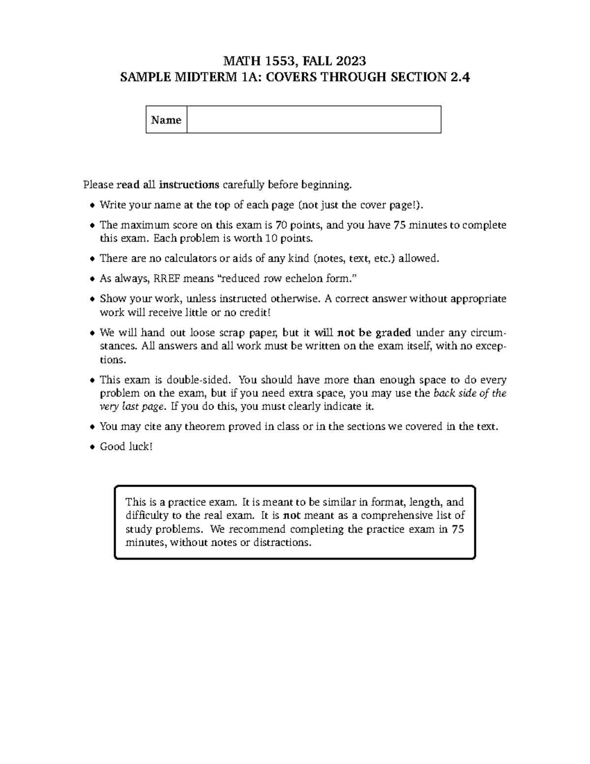 MATH 1553 FALL 2023 Sample Midterm 1A: Linear Algebra Practice Exam ...