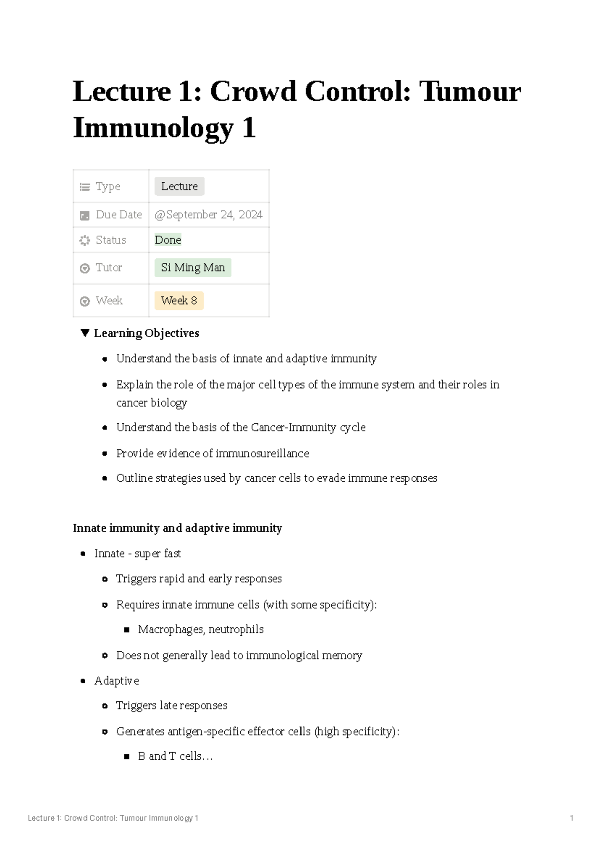 Lecture 1: Tumour Immunology 1 - Understanding Immune Responses - Studocu