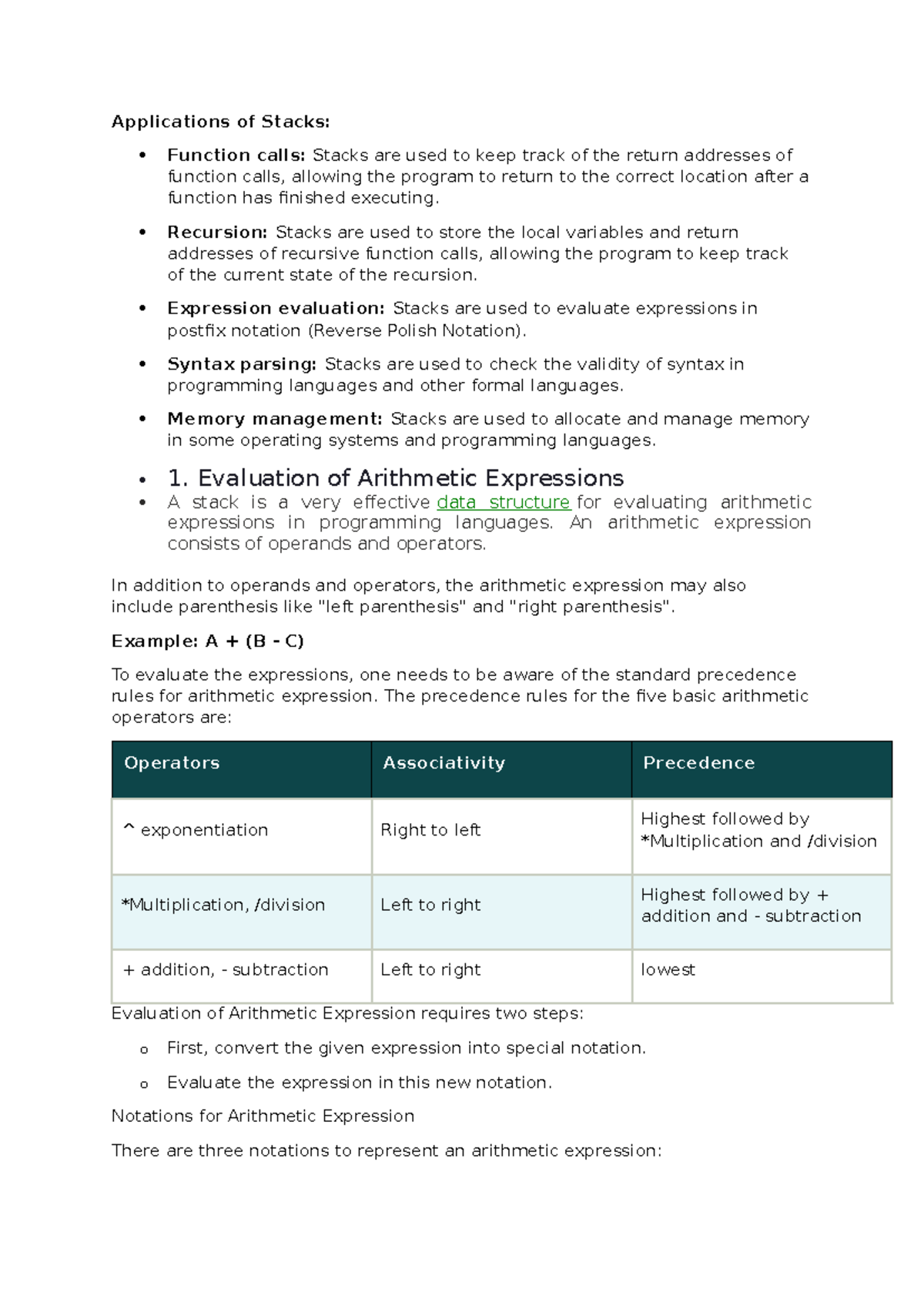 Applications of Stacks in Function Calls & Expression Evaluation - Studocu