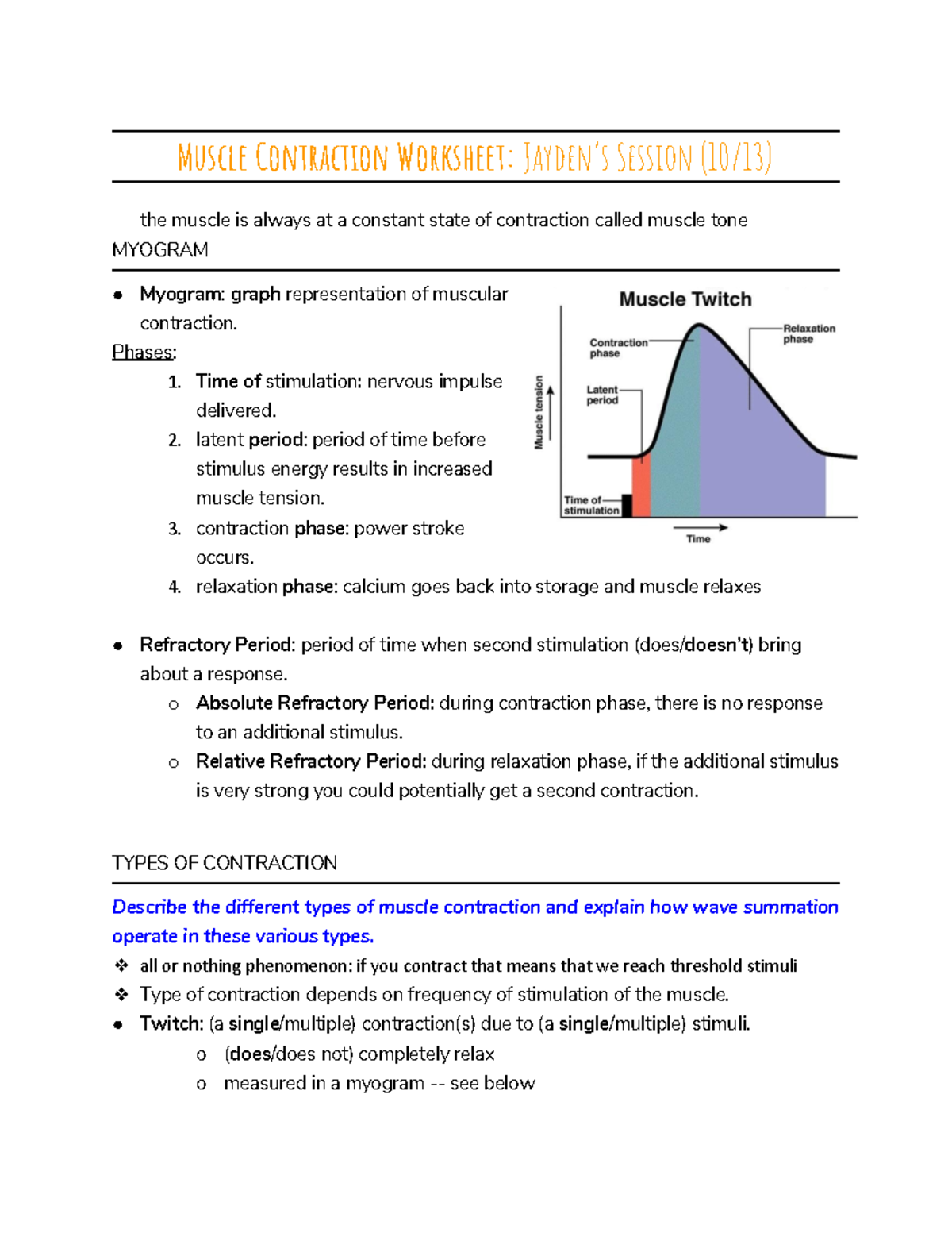 Muscle Contraction Worksheet for BIO 101: Understanding Mechanisms and ...