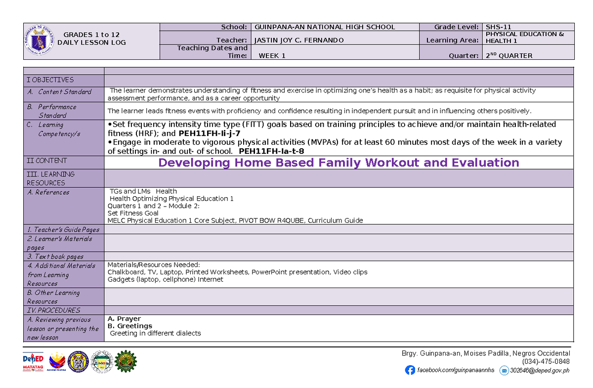 Q2 DLL PEH11 M3 Home-Based Family Fitness and Evaluation Guide - Studocu