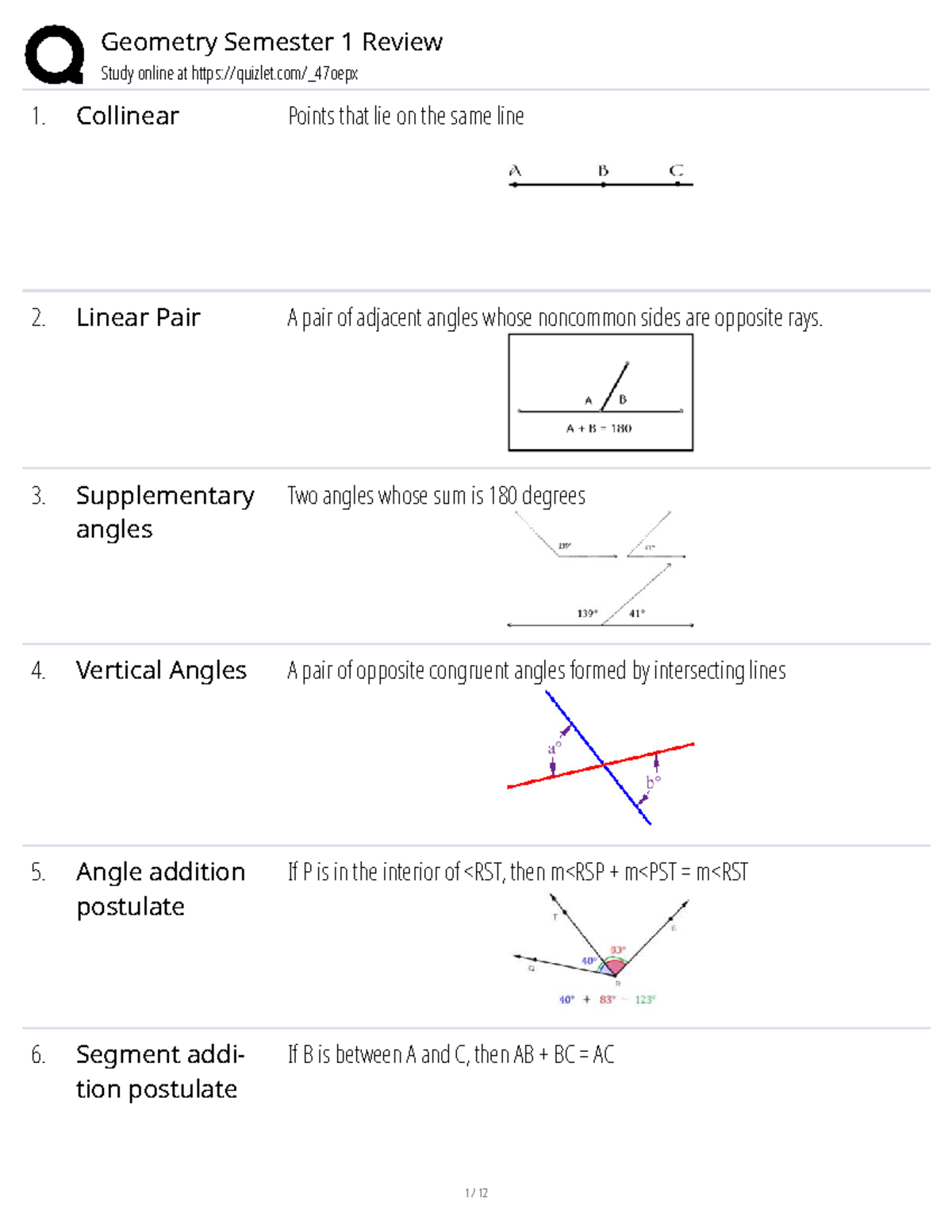 Geometry 1st Semester Review: Key Concepts and Definitions - Studocu
