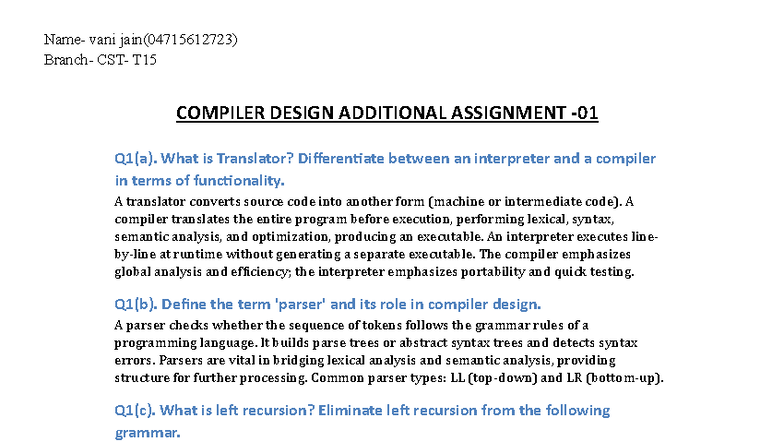CD Additional Assgn 1 - This is an assignment of compiler design - Name ...