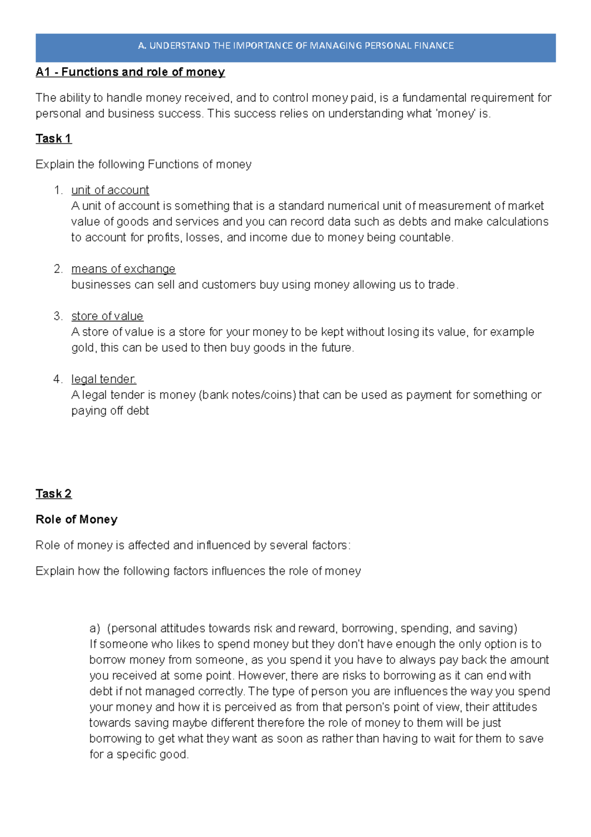 A1 - Functions and Role of Money: Understanding Personal Finance ...