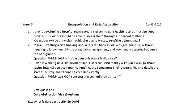 Week 5 Java Practice: Encapsulation & Data Abstraction Q&A - Studocu