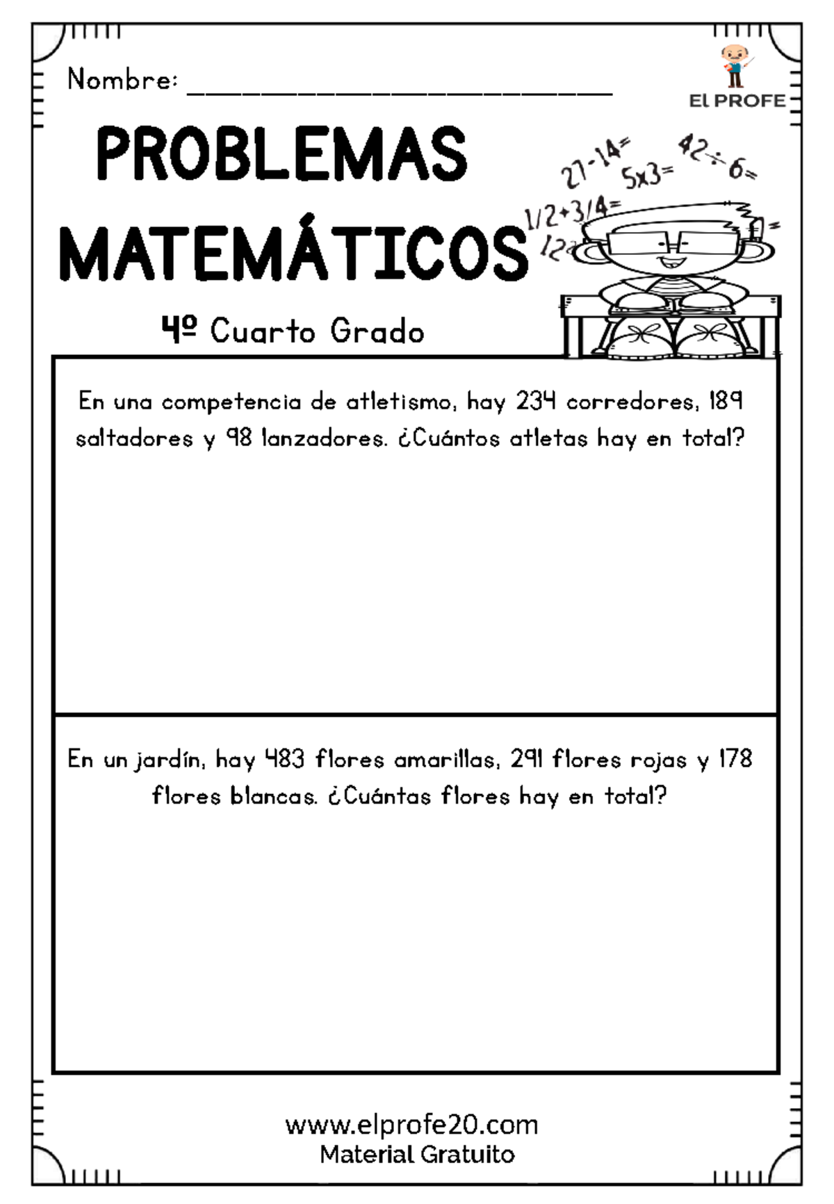 Problemas Matemáticos para 4° Grado - Ejercicios y Soluciones  - Document Preview