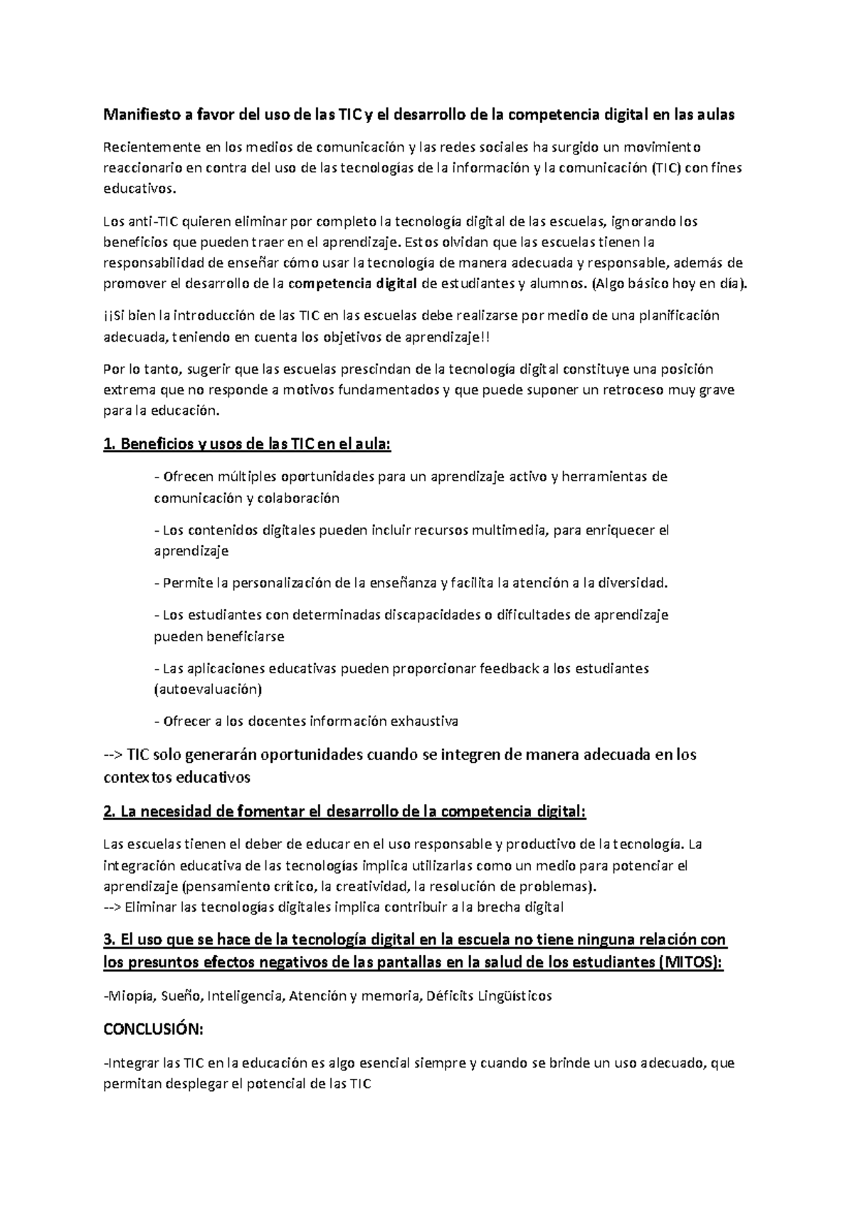 Manifiesto sobre TIC y Competencia Digital en la Educación - Studocu