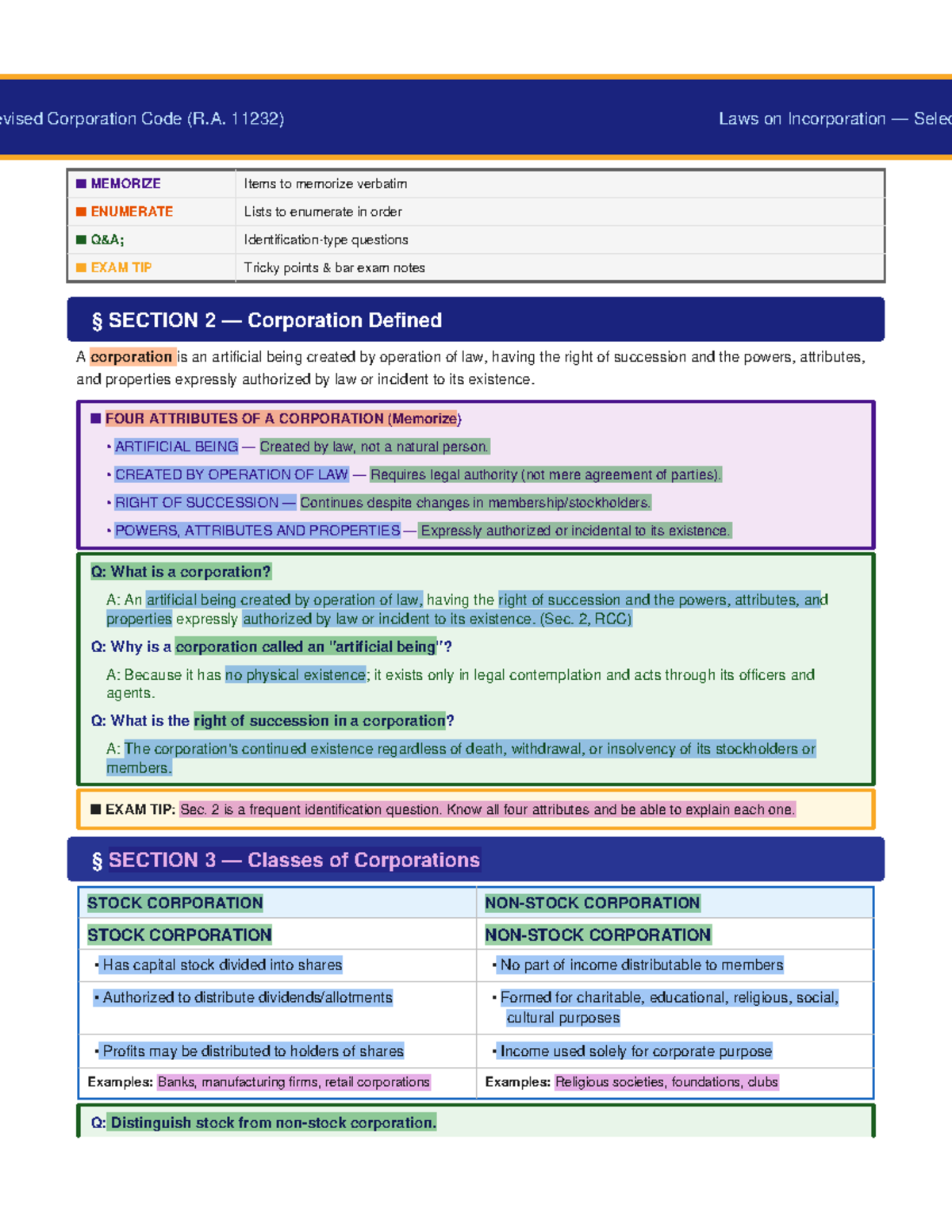Corporation Law Reviewer (R.A. 11232) - Key Concepts & Exam Tips - Studocu