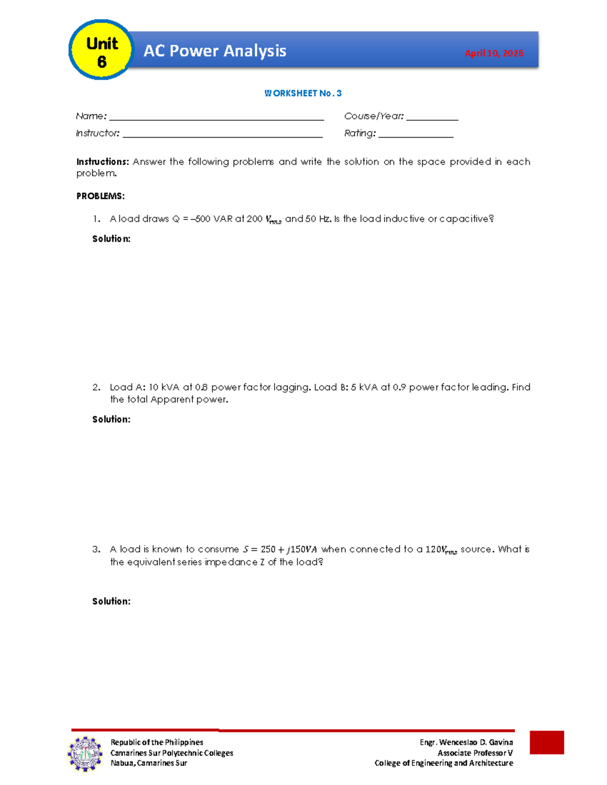 Unit 6 AC Power Analysis Worksheet No. 3 - April 10, 2026 - Studocu