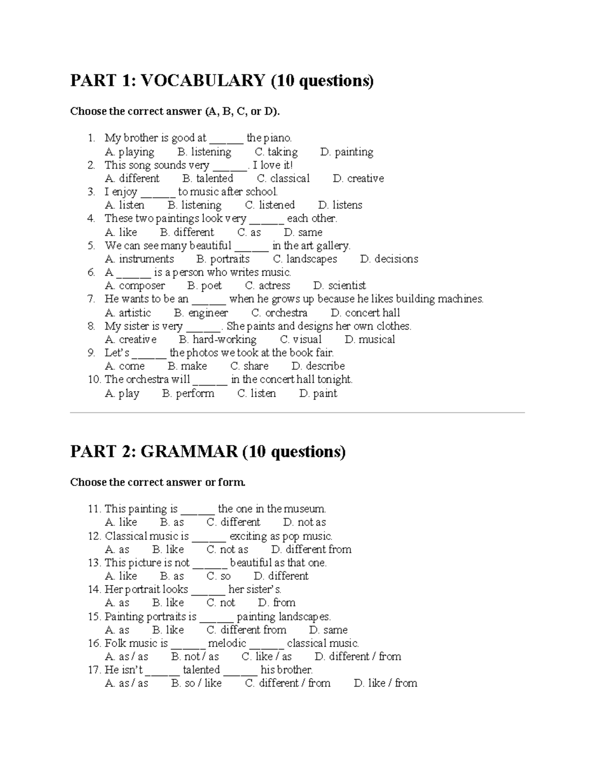 Test Unit 4 Part 1: Vocabulary & Grammar Practice Ex - Studocu