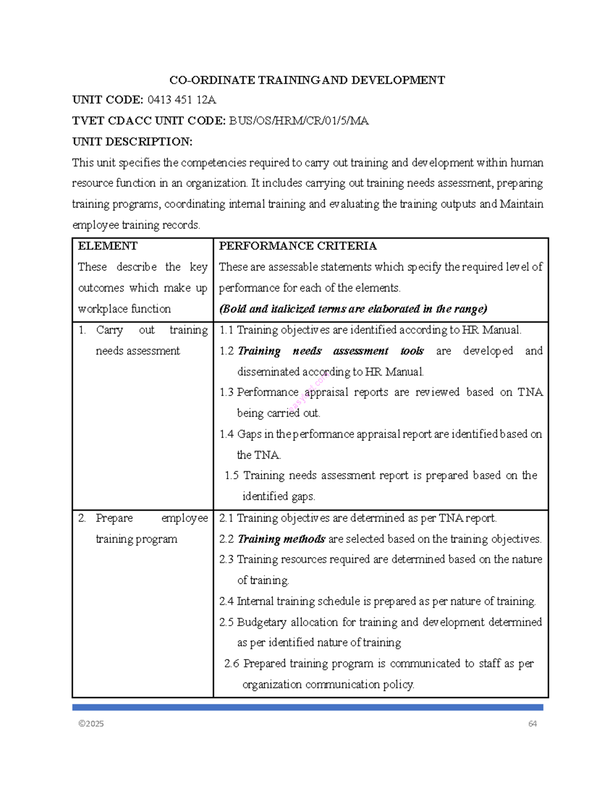 Employee Training & Development: Unit Code 0413 451 12A - Studocu