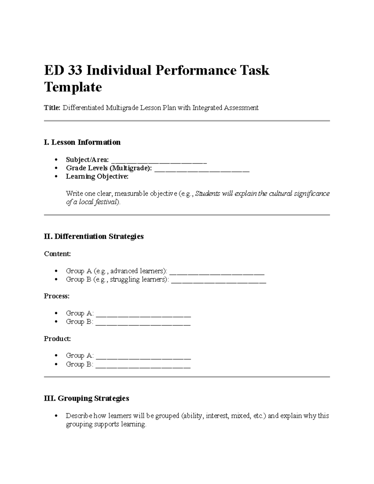 ED 33 Multigrade Lesson Plan & Assessment Template - Studocu