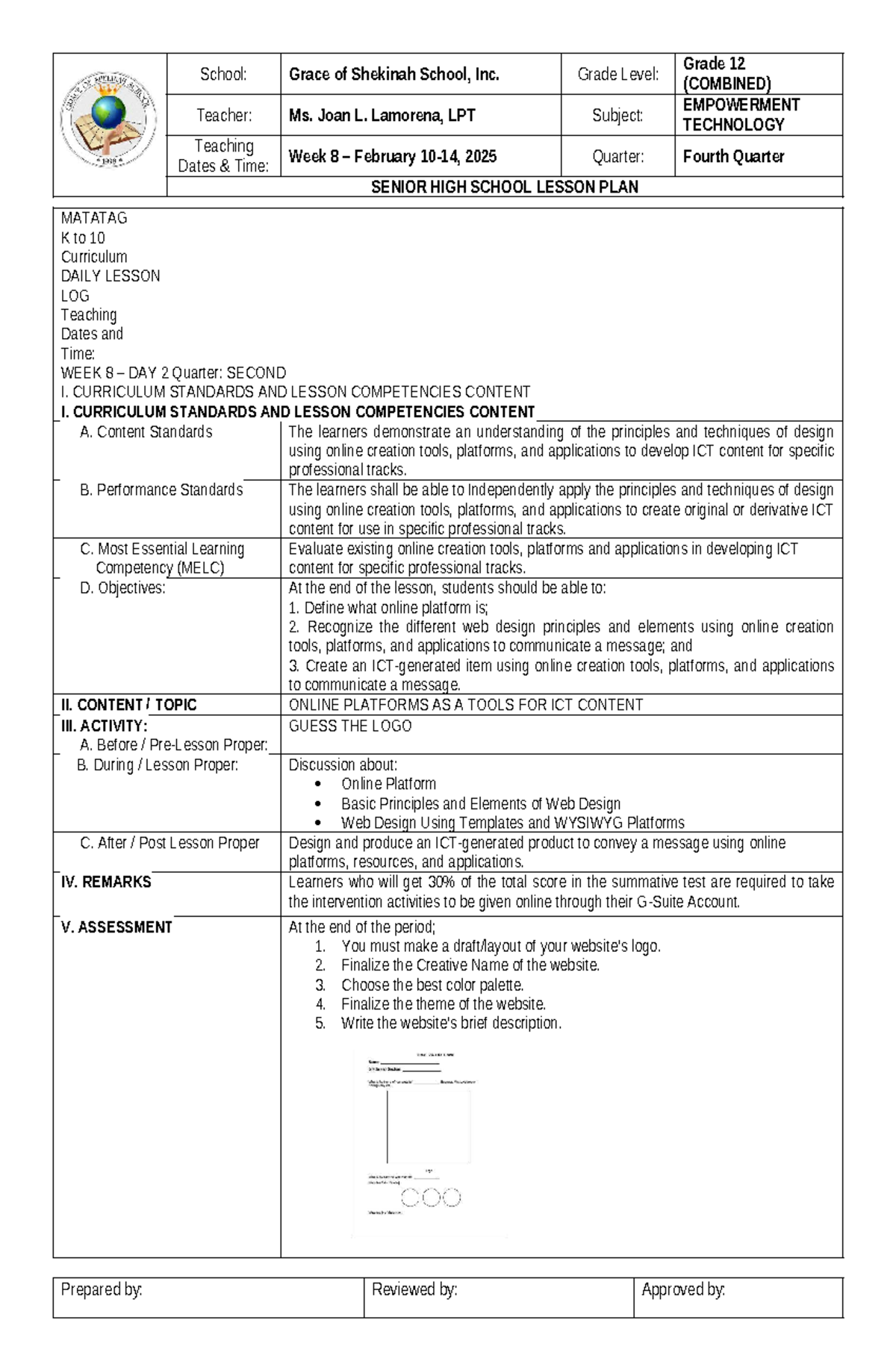 Week 8 Lesson Plan: Empowerment Tech for Grade 12 (EMT 12) - Document Preview