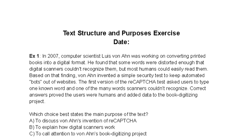 Text Structure and Purposes Exercise (1) - Analysis and Insights - Studocu