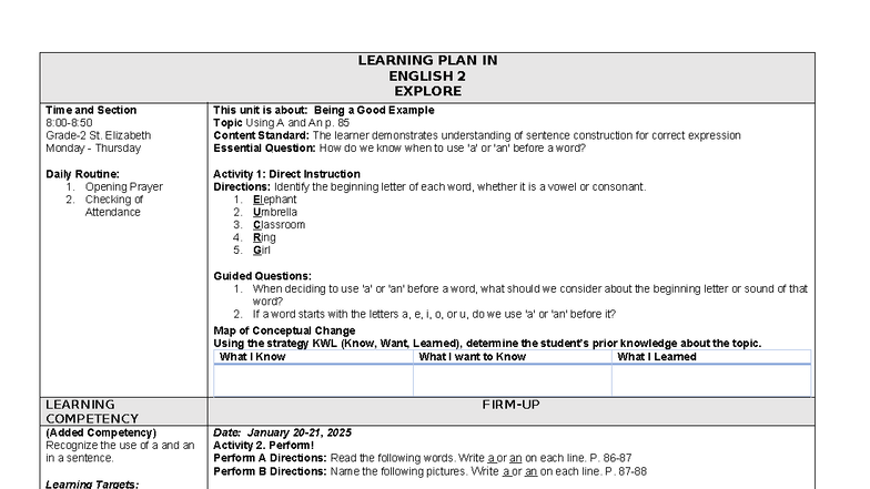 English 2 Lesson Plan: Using A and An for Elementary Learners - Studocu