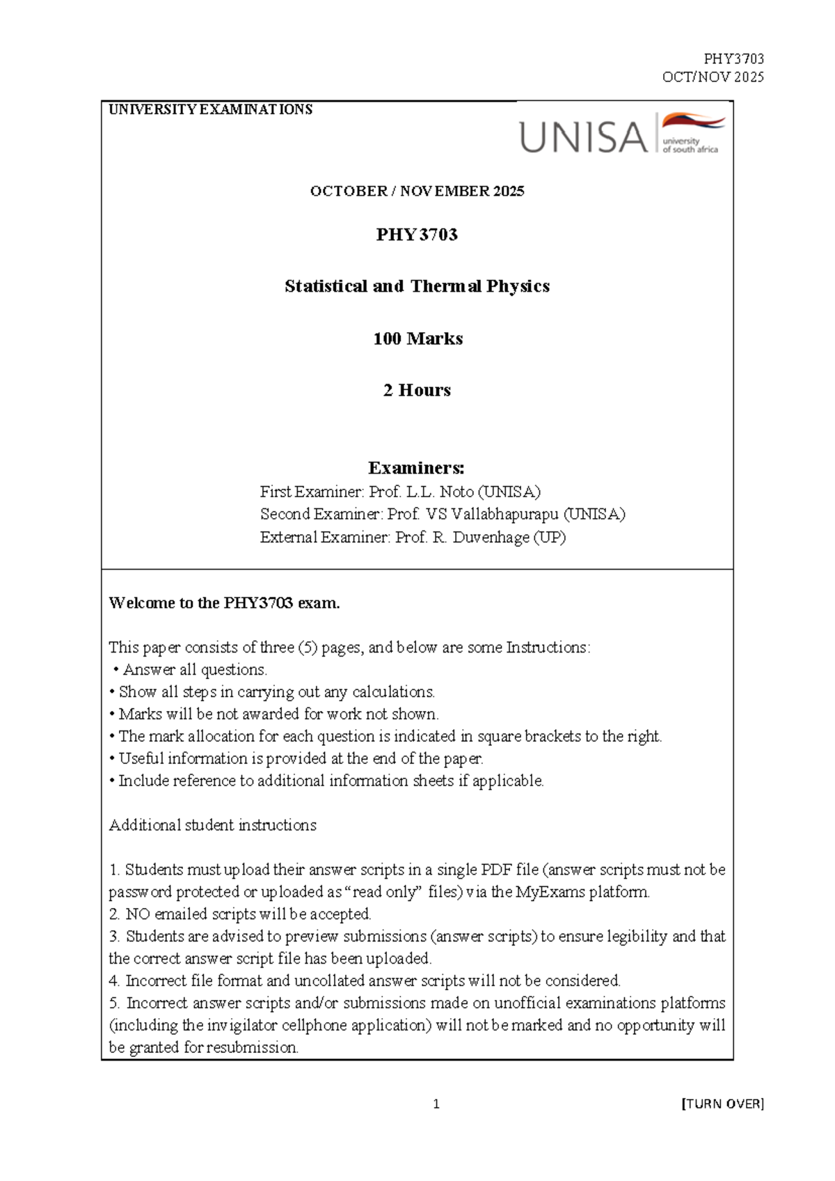 PHY3703 2025 Take Home Examination: Statistical & Thermal Physics - Studocu