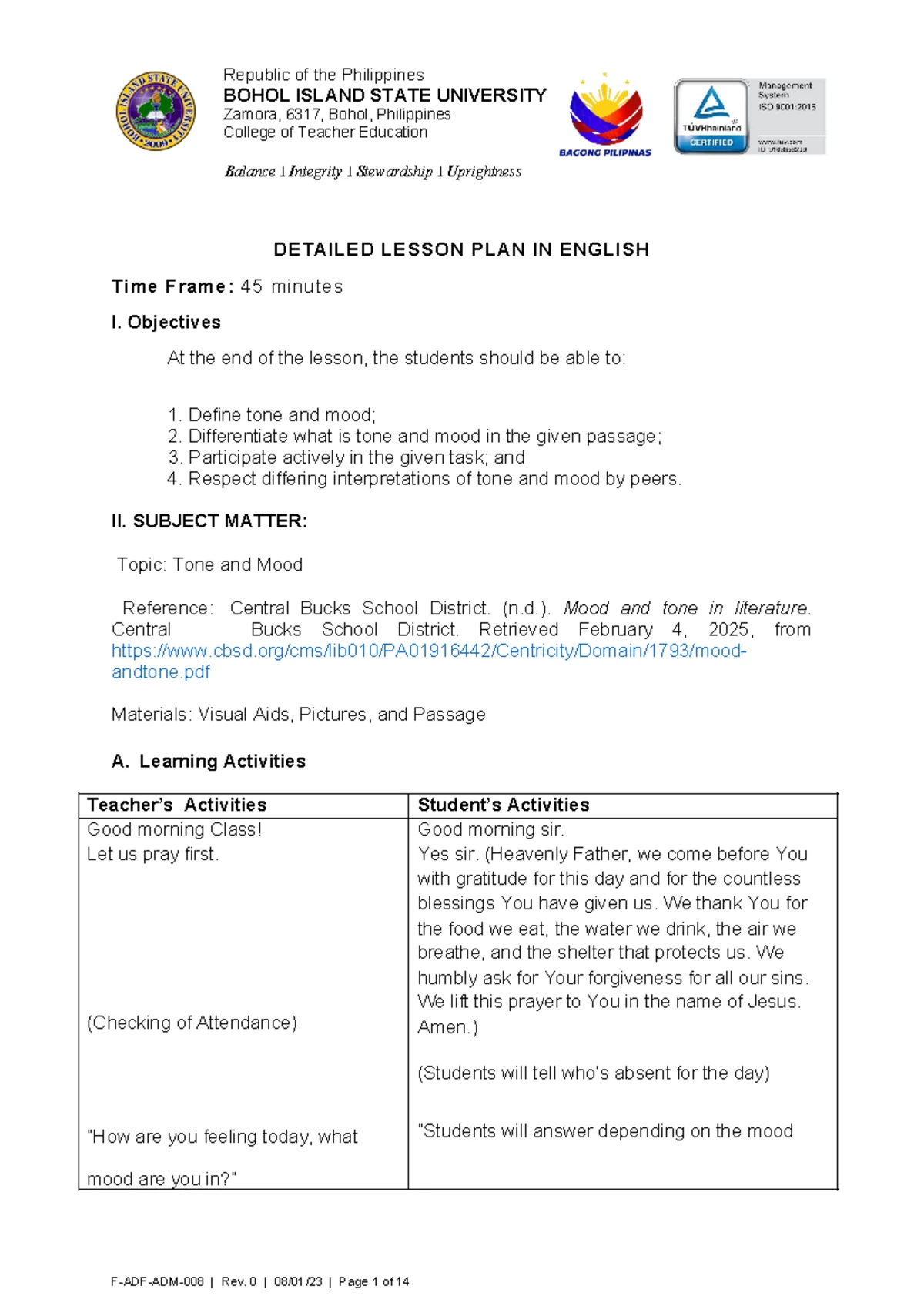 Lesson Plan for English 9: Active and Passive Voice Concepts - Studocu