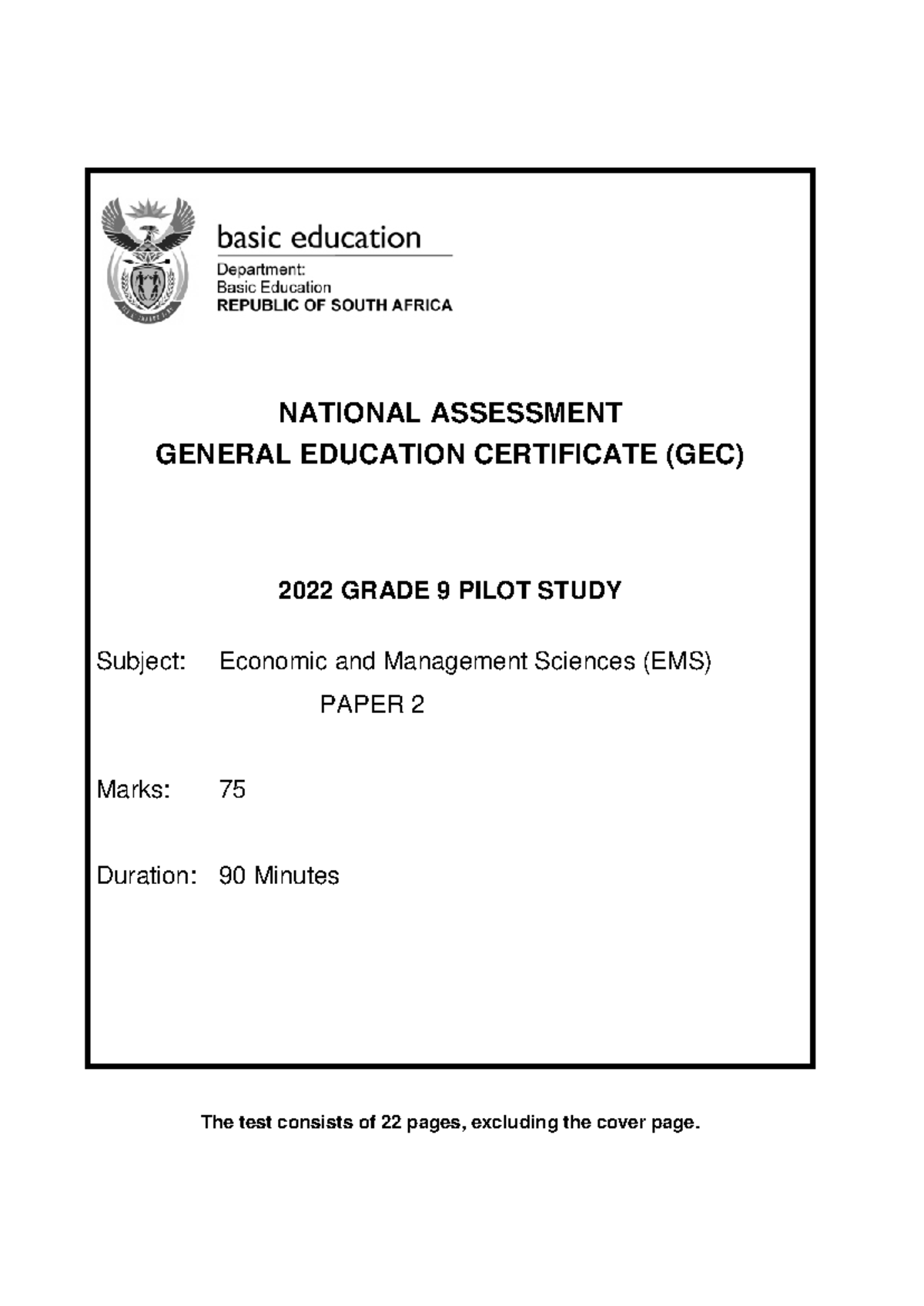 Grade 9 EMS Test Paper 2 - National Assessment 2022 - Studocu