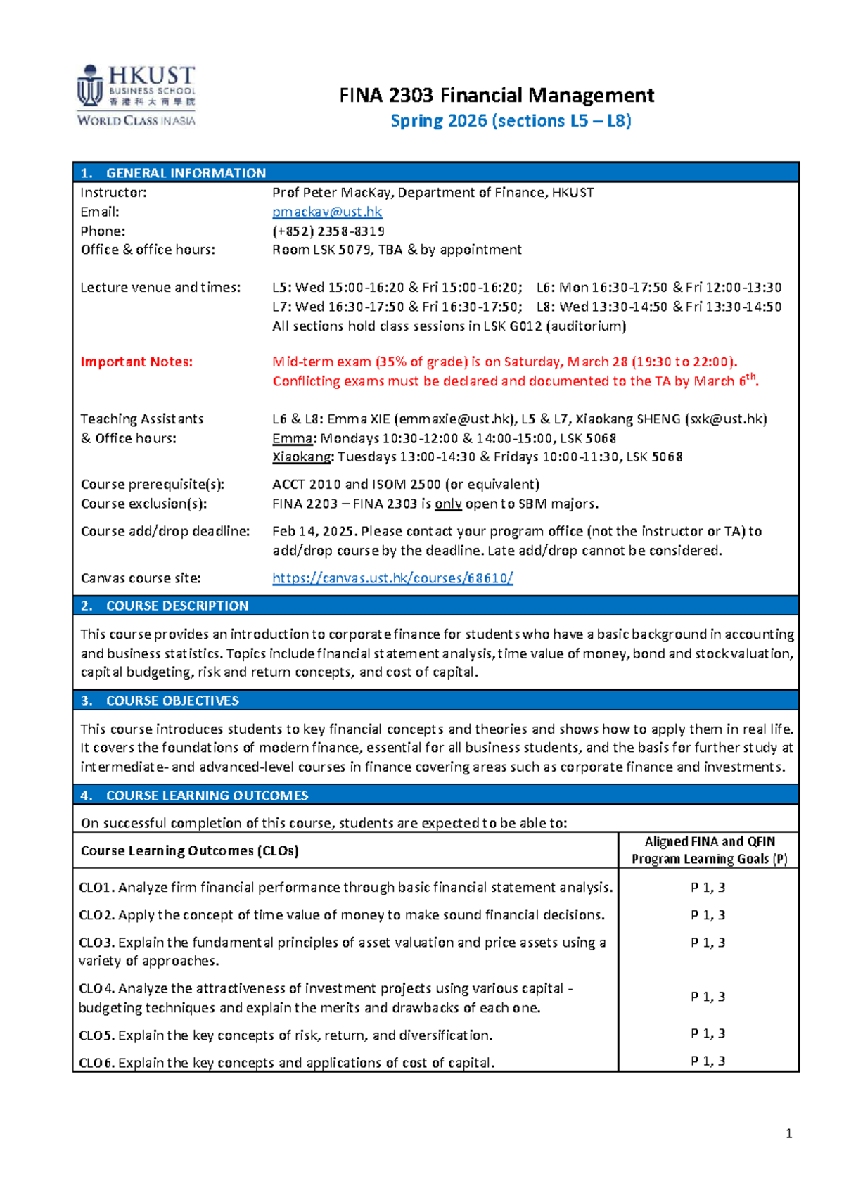 Syllabus for FINA 2303 Financial Management - Spring 2026 - Studocu