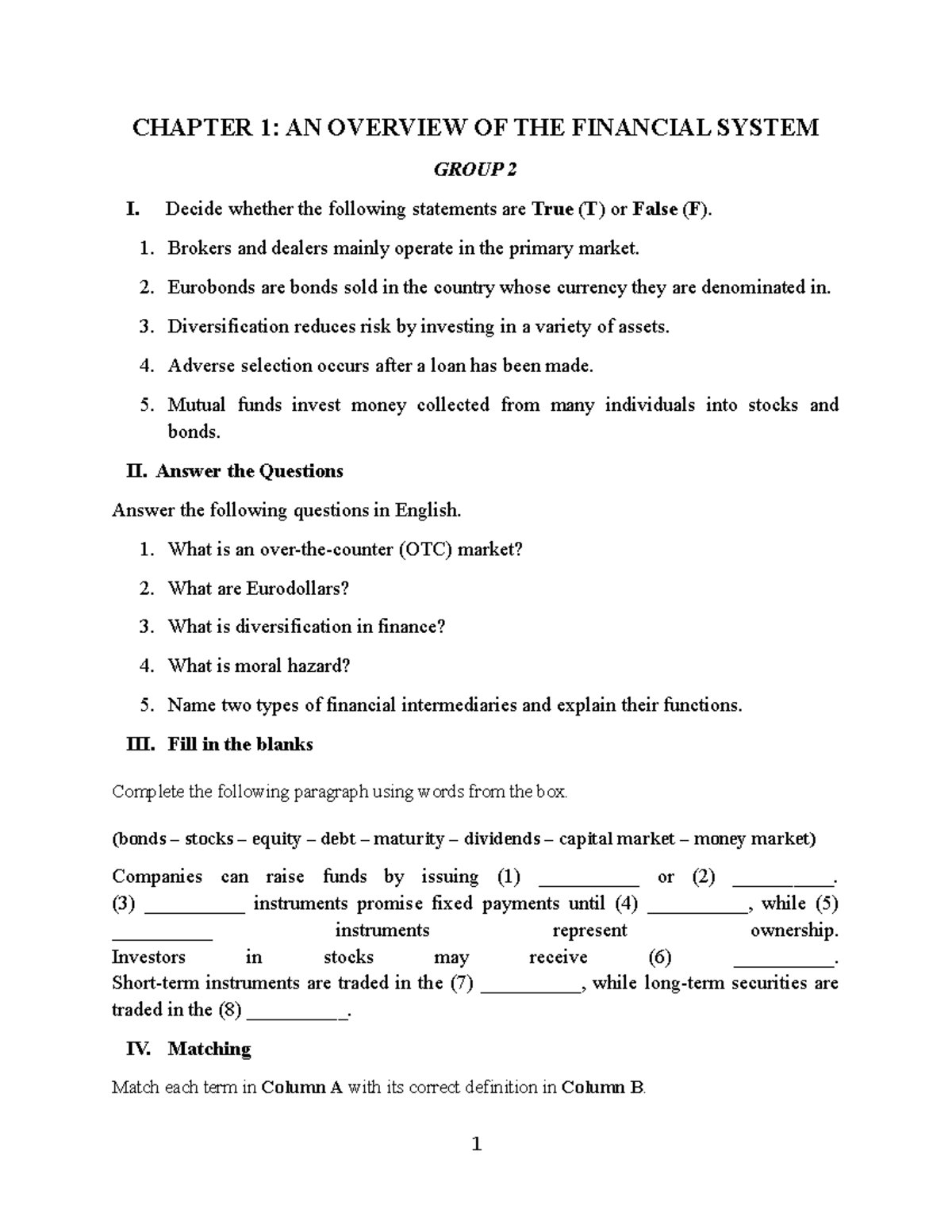 CHAPTER 1: OVERVIEW OF THE FINANCIAL SYSTEM - GROUP 2 - Studocu