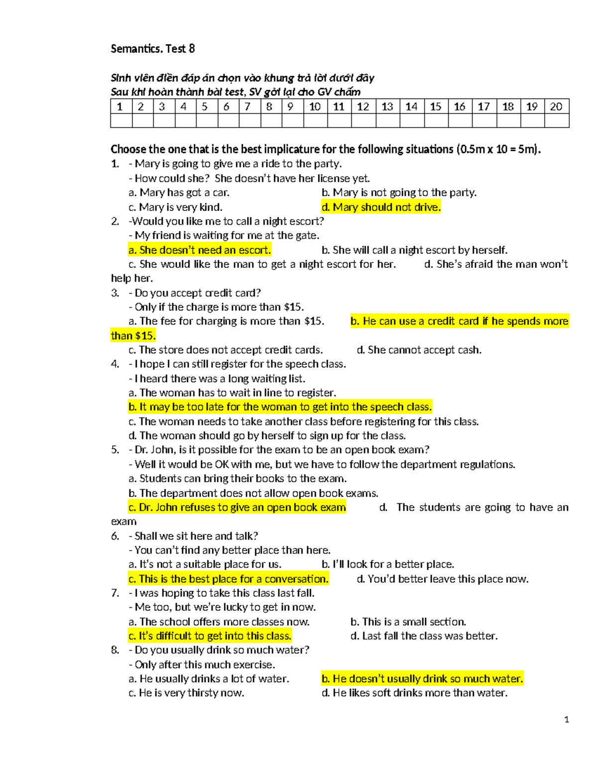 Semantics-Test-8 - Semantics - Semantics. Test 8 Sinh viên điền đáp án ...