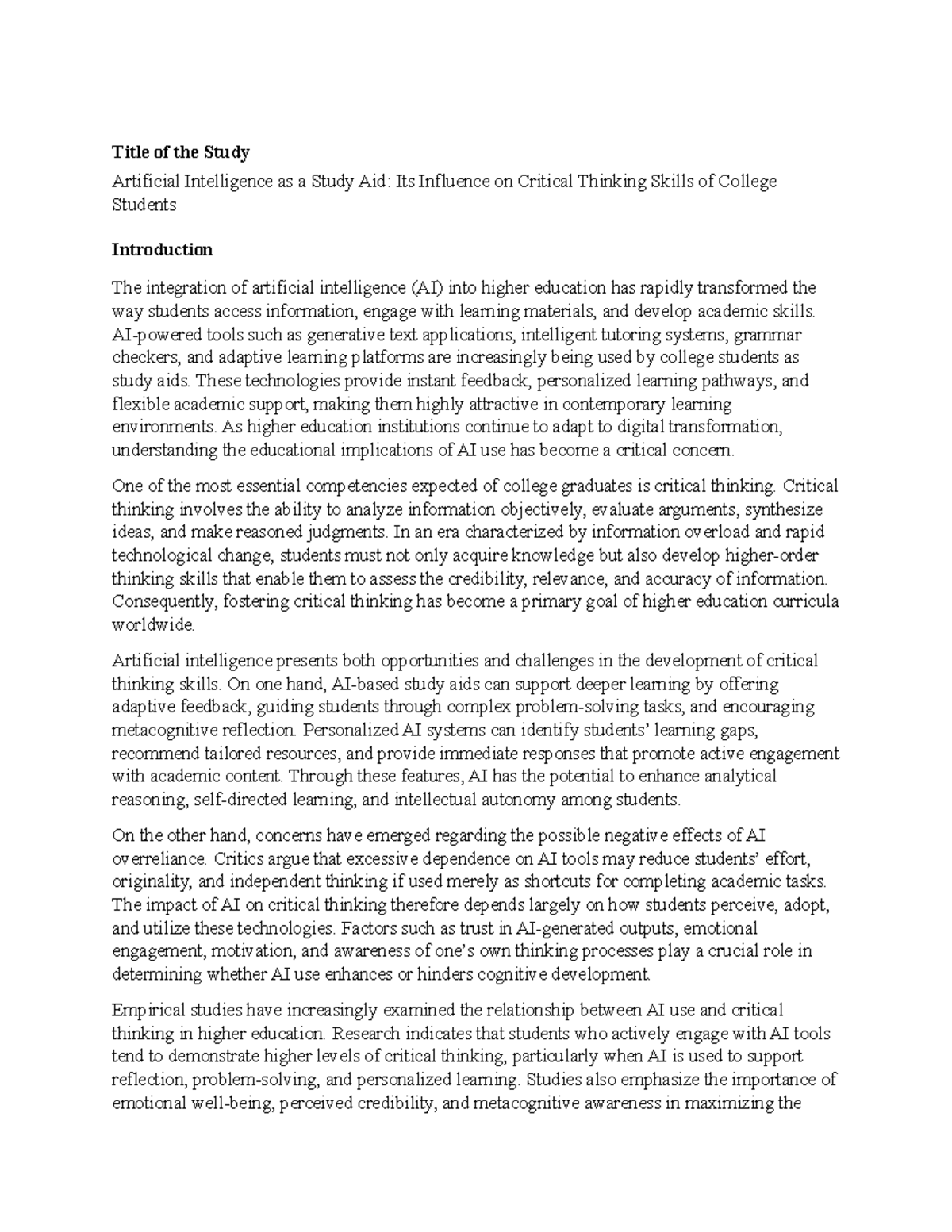 AI as a Study Aid: Impact on College Students' Critical Thinking Skills ...