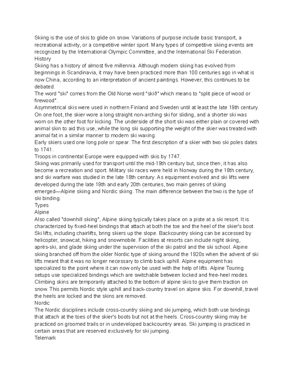 Skiing - essay - Skiing is the use of skis to glide on snow. Variations ...