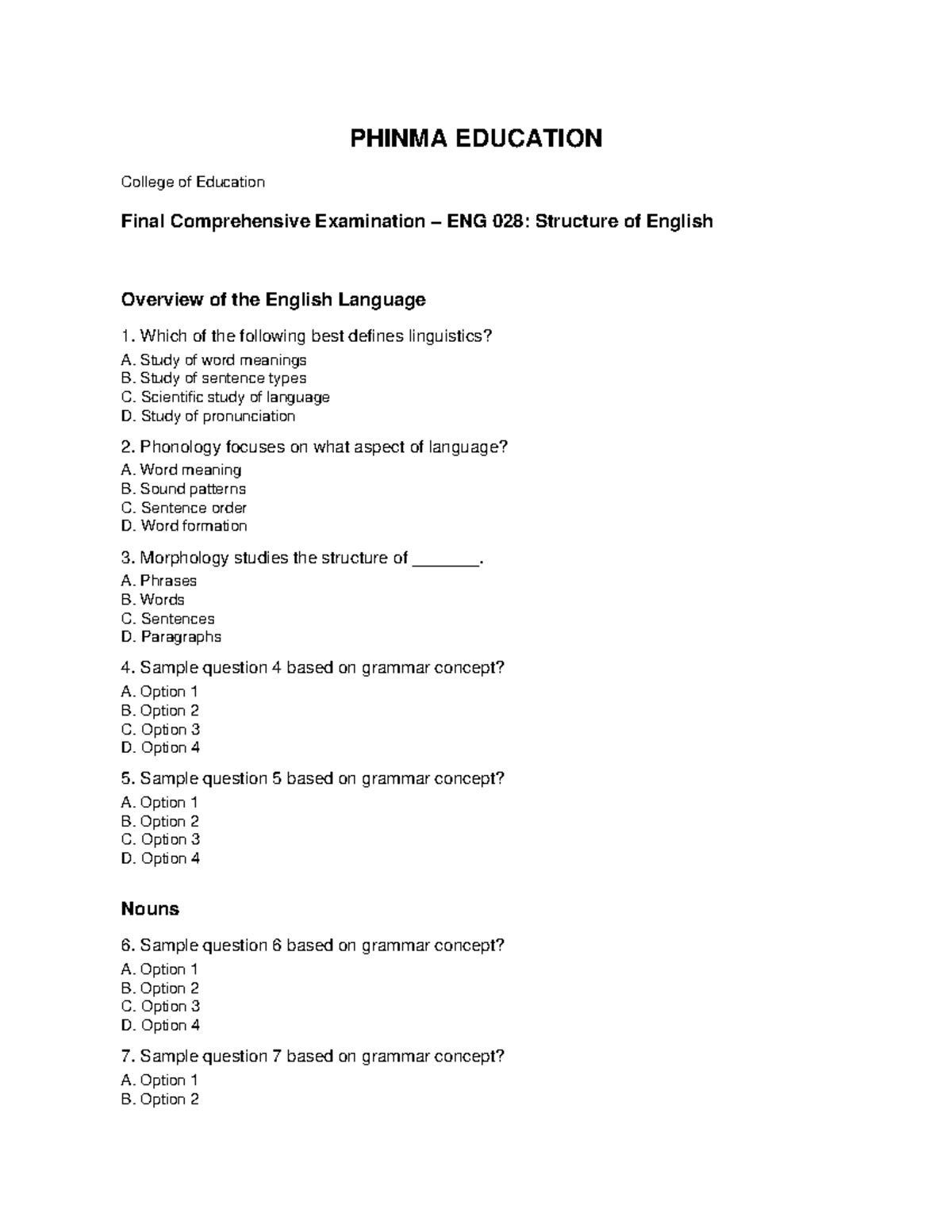 ENG 028 Final Comprehensive Exam: Structure of English Overview - Studocu