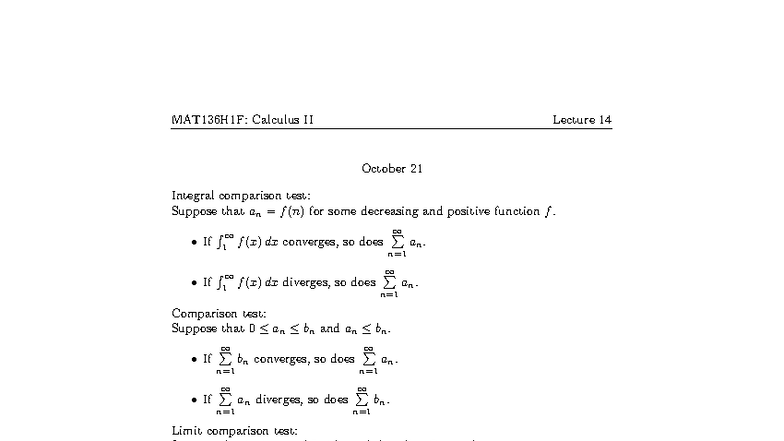 MAT136H1F: Calculus II Lecture 14 - Integral Comparison Test Notes ...