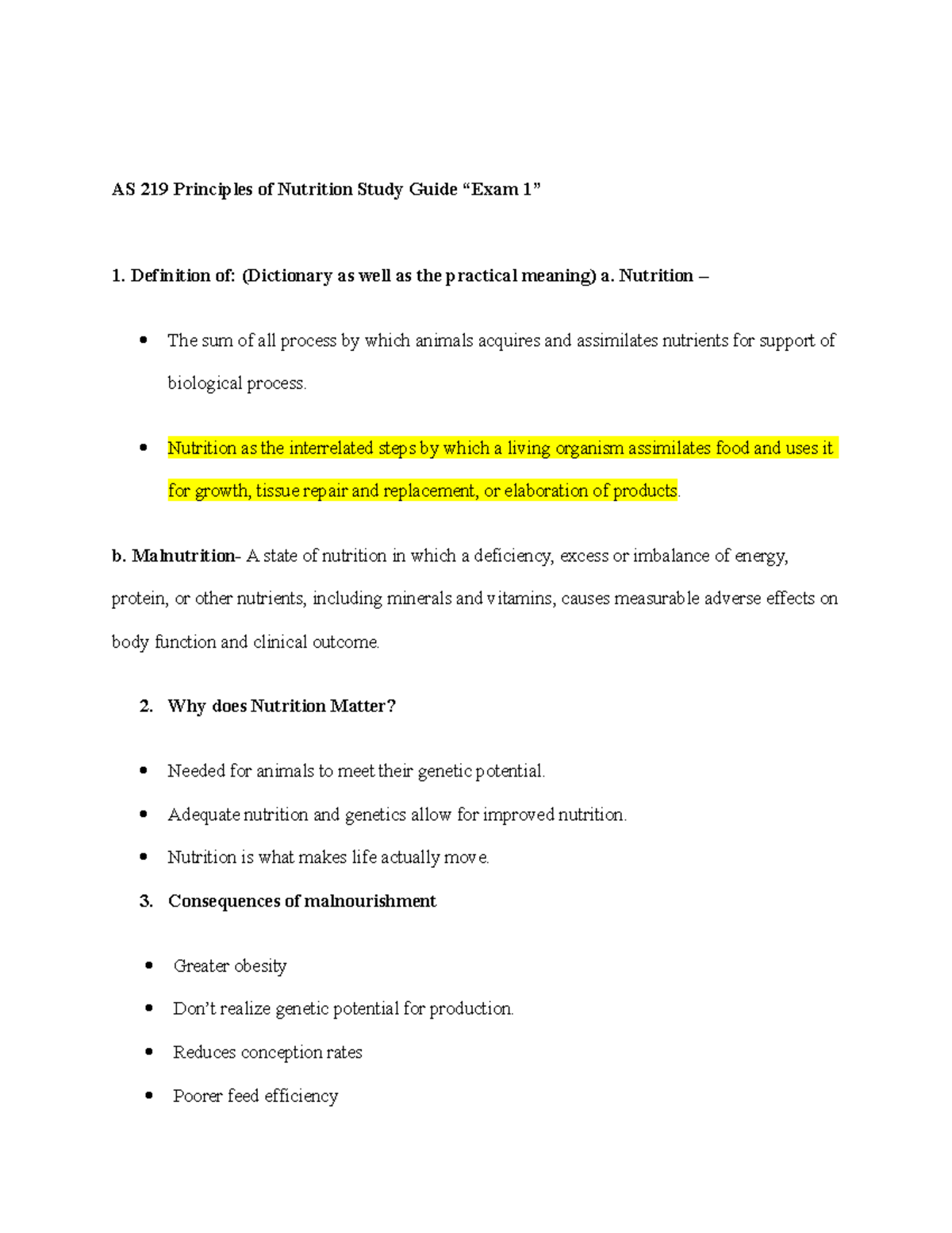 Animal Nutrition Study Guide