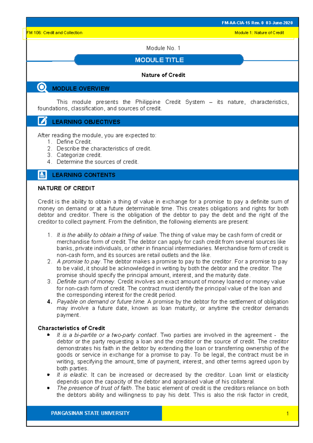 FM 106: Credit and Collection Module 1 - Understanding the Nature of ...