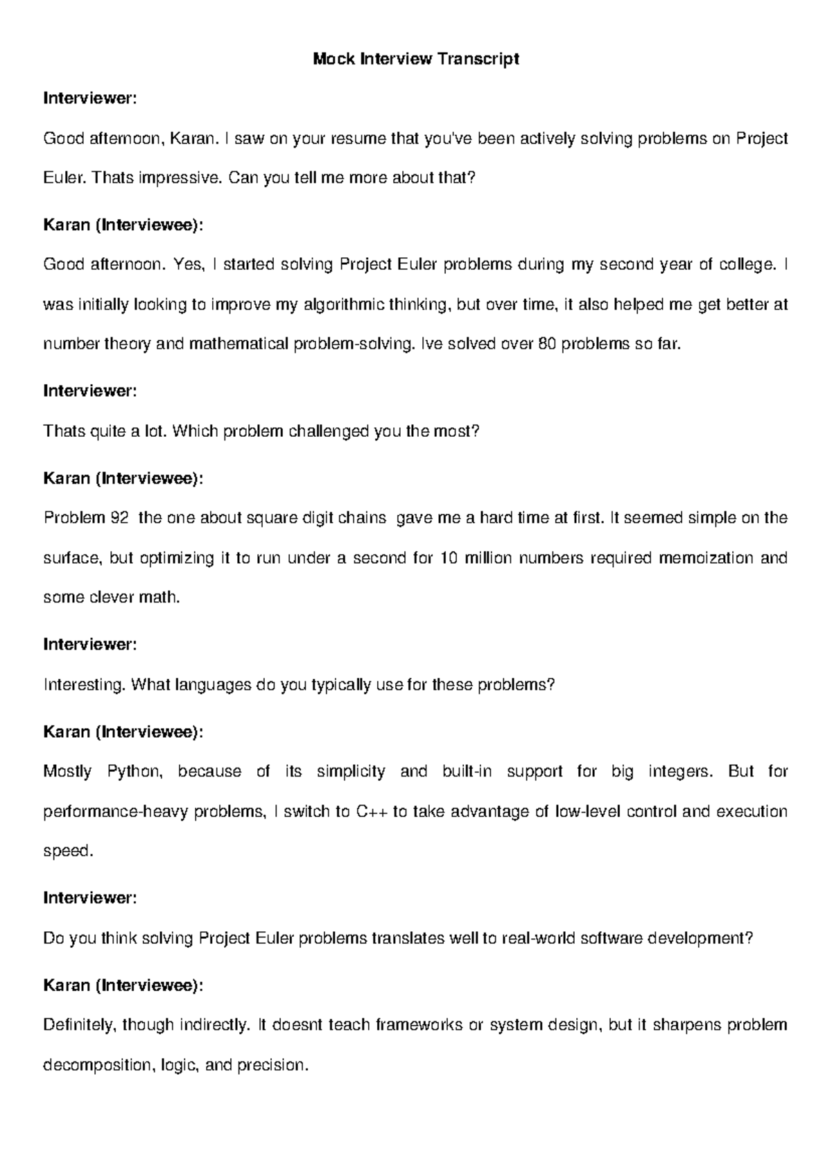 Mock Interview Karan - Soft Skill - Mock Interview Transcript ...