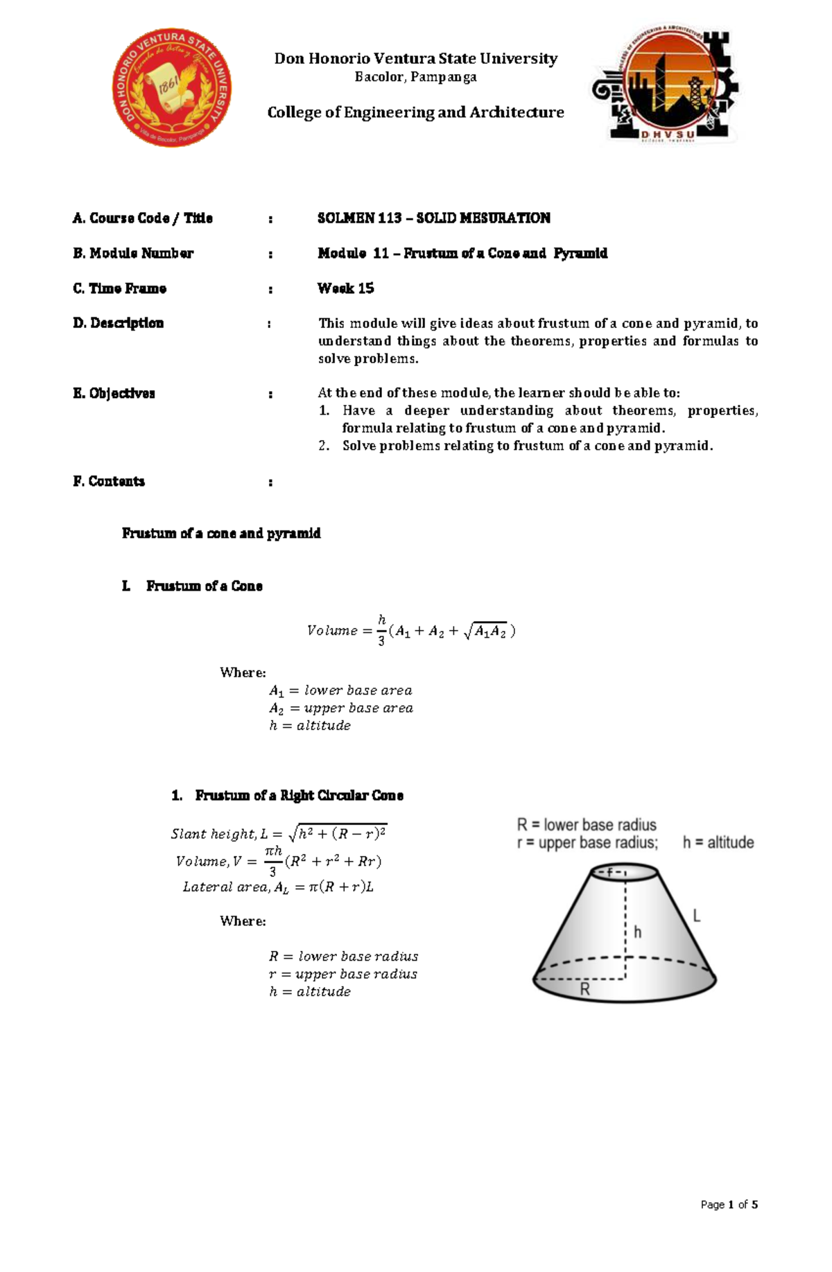 SOLMEN 113: Module 11 - Understanding Frustum of Cone & Pyramid - Studocu