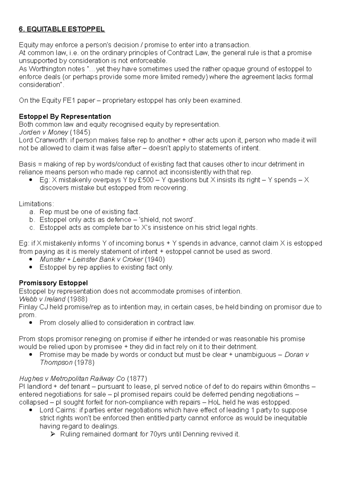 6 Equitable Estoppel summary notes from Equity course - 6. EQUITABLE ...